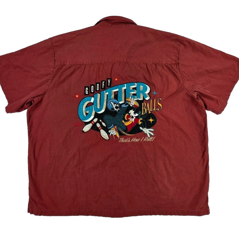 Vintage Disney‎ Parks XL Vintage Bowling Button Up Red Goofy Gutter Balls RARE